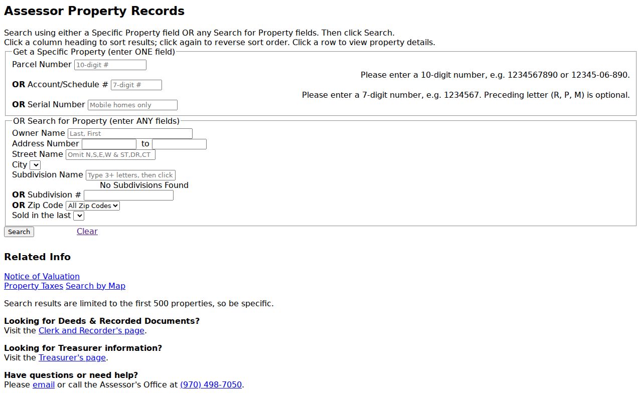 Fort Collins street directory rendered assessor address fields