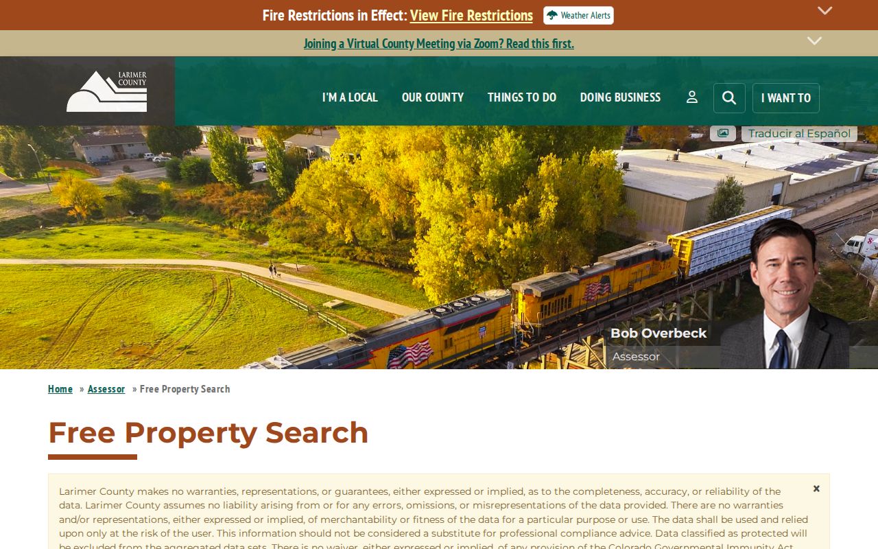Fort Collins ZIP code directory view of Larimer Assessor residential search filters